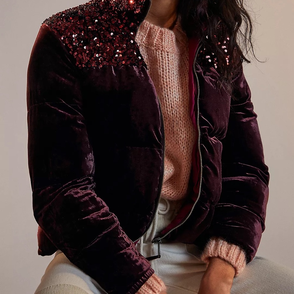 Anthropologie -Vera Sequined Velvet Puffer Jacket